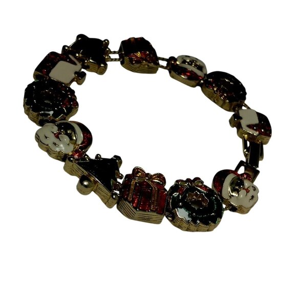 Christmas Charm Bracelet Holiday Fashion Santa Wreath Cabin Marked SP Gold Tone - Picture 2 of 13